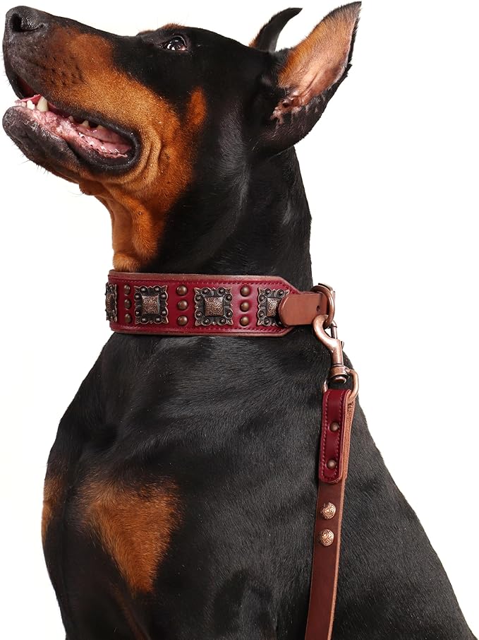 PET ARTIST Soft Padded Leather Dog Collar, 2 inch Wide Genuine Leather Dog Collars with Stylish Studded Rivet & Metal Buckle, Luxury & Adjustable Pet Collars for Medium Dogs,Red,Neck 16-19"