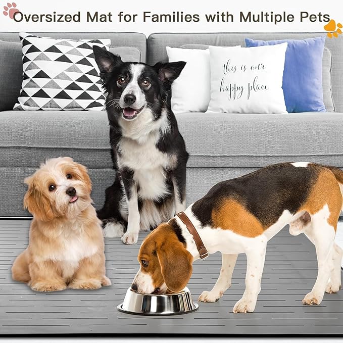 Largest Dog Food Mat, 48"x32" Silicone Dog and Cat Mat for Food and Water Bowls, Thinken Waterproof Non-Slip XXXL Pet Feeding Mat for Floors (Grayish Blue)