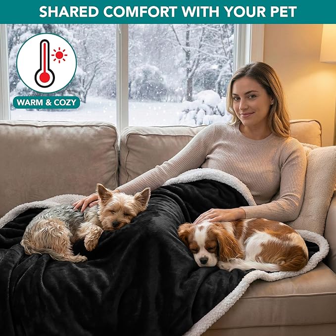 PetAmi Waterproof Dog Blanket for Medium Large Dog Puppy Cat Throw for Couch Cover Leakproof Protection, Sherpa Fleece, Reversible Soft Washable 60x40 Black