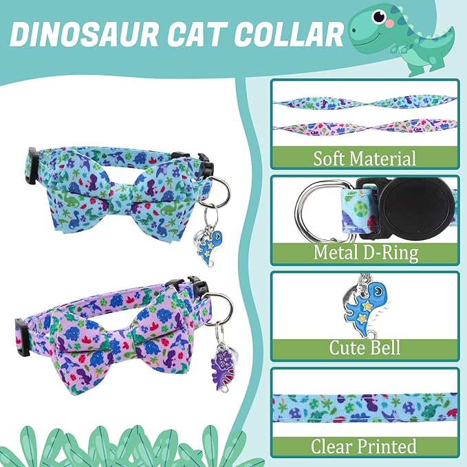 4 Pcs Breakaway Cat Collar with Bow Tie and Bell Dinosaurs Cat Kitten Collar with Removable Bowtie Adjustable Safety Collars for Boy Cats