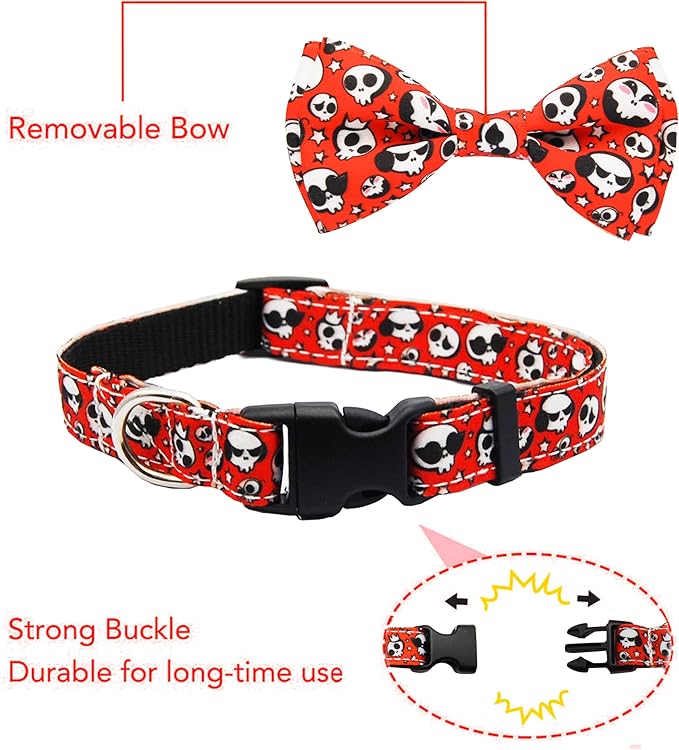 Halloween Dog Collar, Holiday Adjustable Ghost Skull Collar with Bow Tie Metal D-Ring & Secure Buckle Soft Nylon for Small Medium Pets Puppies