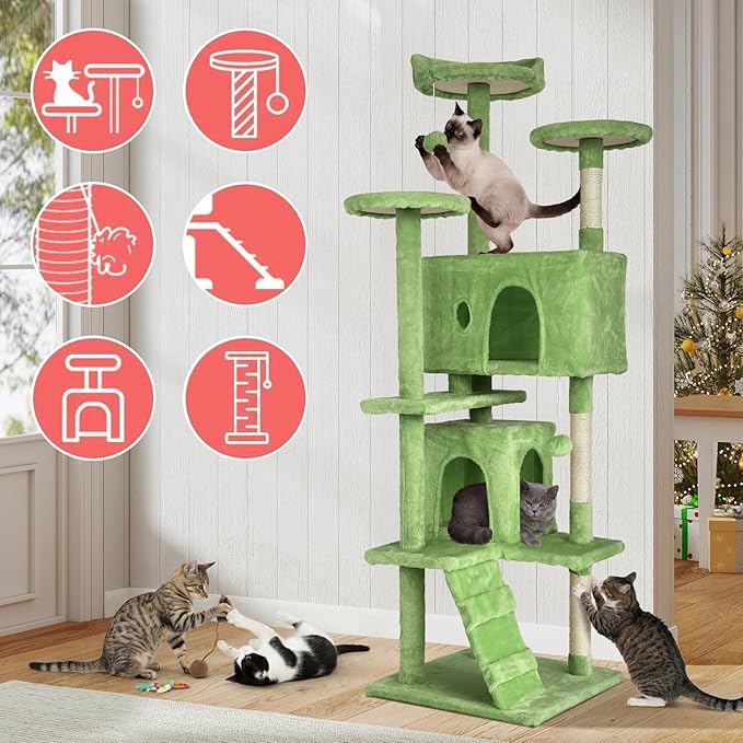 70in Cat Tree Cat Climbing Tower with Scratching Post, Cats House Perch Kitten Tree Condo Wood Playhouse, Pet Trees Tower for Indoor Cats, Green