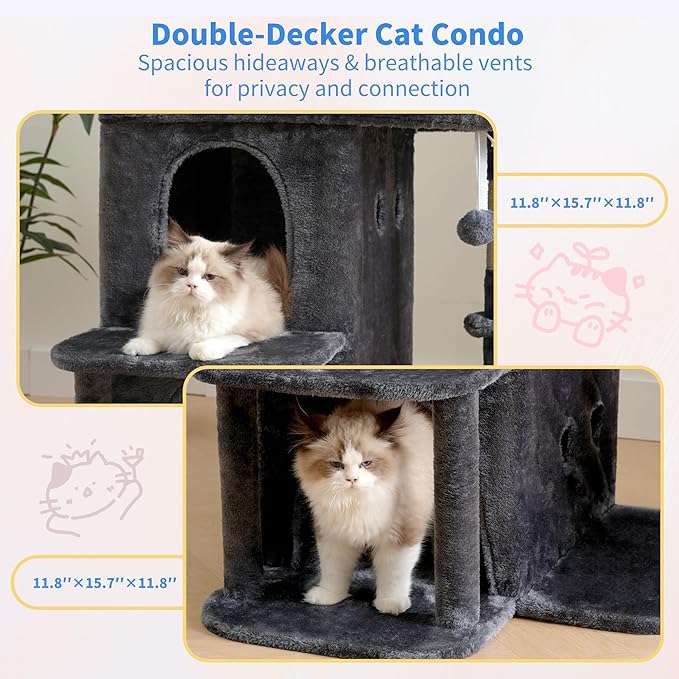 Heybly Cat Tree, 25.6-inch Cat Tower with Spacious Top Perch for Large Cats, Stair-Style Cat House Furniture with Dual-Layer Condos, Sisal Scratching Posts, Cozy Basket & Pompom, Smoky Gray HCT204SG