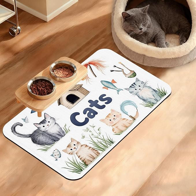 Cats Dog Food Mat,Cute Fun Absorbent Pet Feeding Mat for Food and Water Bowl,Quick Dry Dog Placemat Non Slip Rubber Backing Waterproof Pet Supplies 12" x 20"