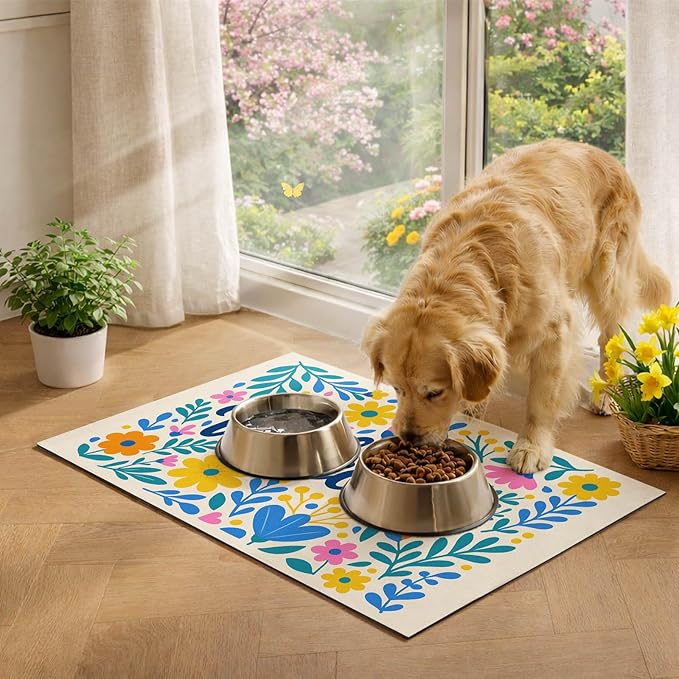Spring Pet Feeding Mat 24" x 16" Colorful Welcome Floral Design Non Slip Dog and Cat Bowl Mat Easy Clean Pet Food Mats Fast Dry Cat Feeding Mats for Indoor Cats Absorbable Pet Food Pad