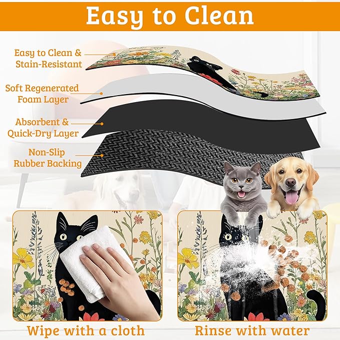 Dog Bowl Mat,Cat Black Pet Feeding Mat for Floors Waterproof,Color Flowers Absorbent Dogs Placemat for Food and Water Quick Dry Pet Cat Feeding Mats with Non Slip Bottom 12" x 20"