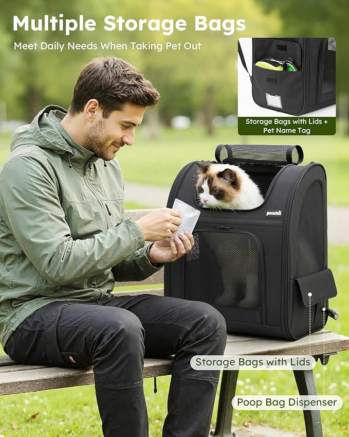 Pecute Cat Backpack Carrier XL, Expandable Pet Backpack for Cats & Small Dogs Up to 15lbs, with 4-Side Breathable Mesh, Multi-Entry & Lockable Zippers for Travel, Hiking, Camping - Hands Free, Black
