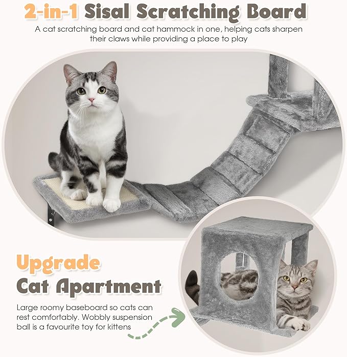 NUNU LAB 7-in-1 Wall Mounted Cat Climber Set, Cat Wall Furniture Set with House, Bridge, Steps, Scratcher Post, DIY Playground, Cat Wall Shelves - Gray