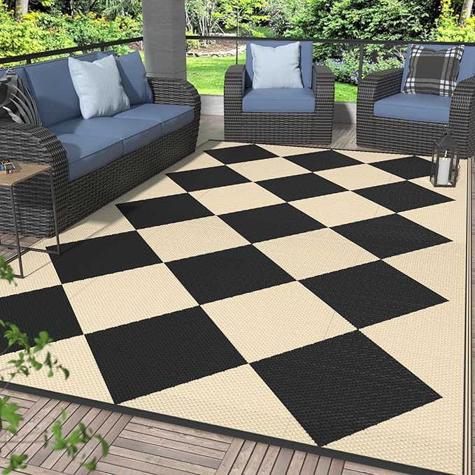 GENIMO Outdoor Rug for Patio Clearance, 6'x9' Reversible Geometric Plastic Straw Rugs, Lightweight Waterproof RV Camping Mat for Camper, Balcony, Deck, Backyard, Picnic, Black Beige