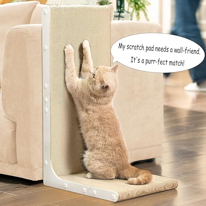 Cardboard Cat Scratcher,26 Inch L Shape Scratch Pad Wall Mounted,Vertical Scratching Board, Durable Cardboard to Protect Furniture for Indoor Cats,White Junbo