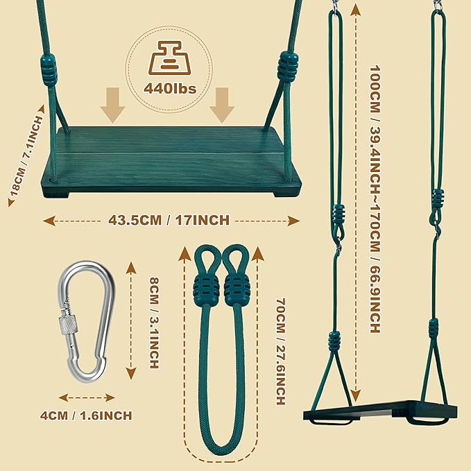 Wooden Swing Seat, Nostalgic Outdoor Wood Swing for Kids Adults, Tree Straps Set Accessories for Backyard Patio Garden Playground (Green)