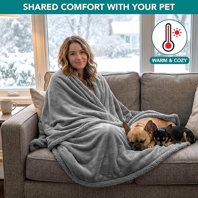 PetAmi Waterproof Dog Blanket for Small Medium Dog Puppy Cat Throw for Couch Cover Leakproof Protection, Sherpa Fleece, Reversible Soft Washable 29x40 Light Gray