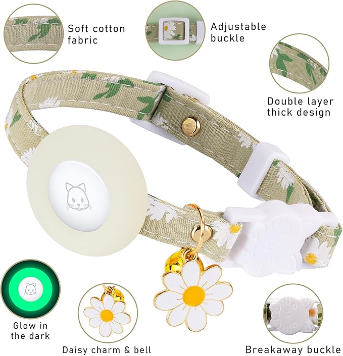 Airtag Cat Collar, JXFUKAL Kitten Collar Breakaway with Silicone Airtag Holder, Bells & Flower Charm for Girl Cats Boy Cats Small Dogs(Luminous Green)