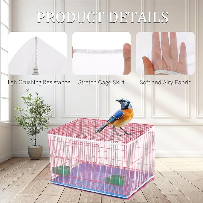 4 PCS Bird Cage Cover, Universal Bird Cage Seed Catcher, Adjustable Elastic Band Stretchy Skirts Mesh Cover, Reusable for Round and Square Cages (M, XL, Black, White)