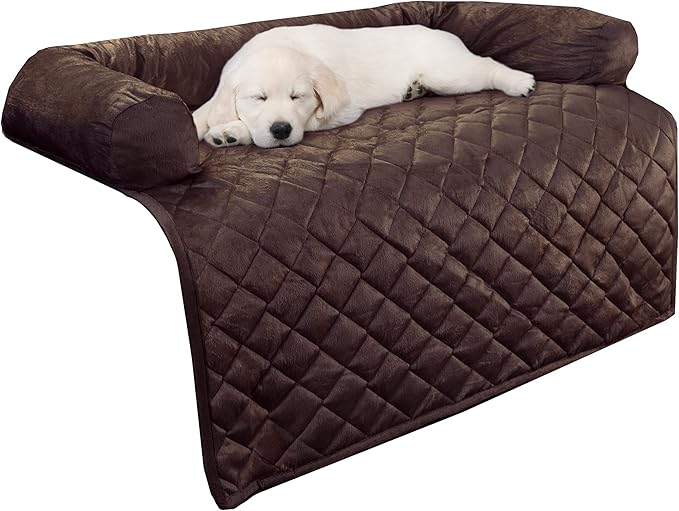 Couch Cover for Dogs - 35x35 Pet Furniture Protector with Memory Foam Neck Bolster, Quilted Fabric, and Water-Resistant Base Layer by PETMAKER (Brown)