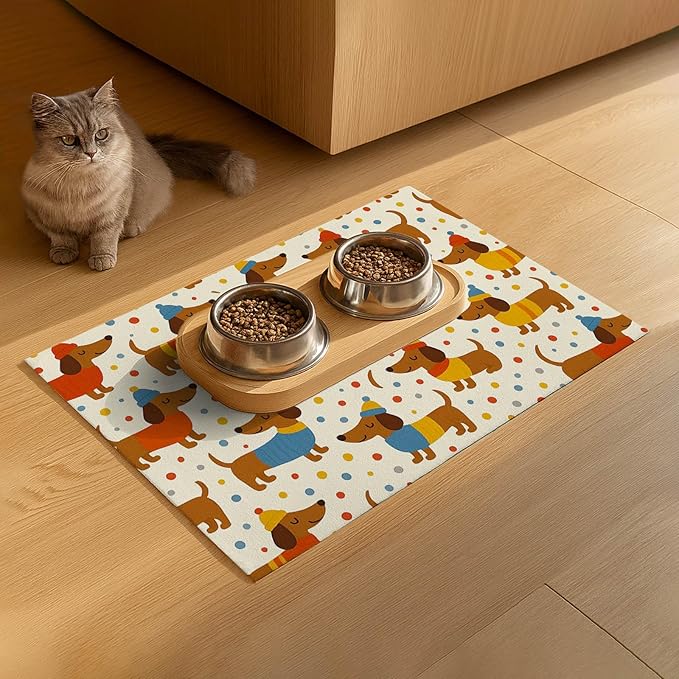 Adorable Dachshund Puppy Pet Food Mat with Colorful Polka Dot Pattern Pet Bowl Mat for Dogs and Cats Non Slip Feeding Mats Easy Clean Fast Dry Cat and Dog Feedings Mats 20" x 12"
