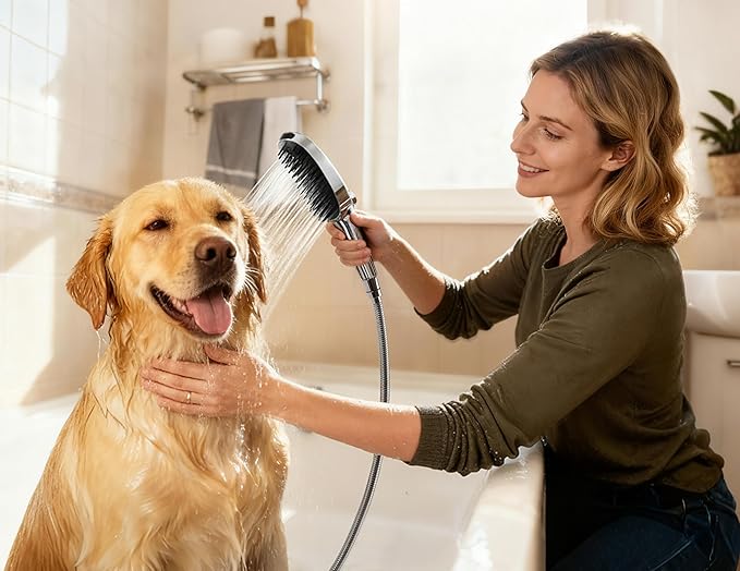 G-Promise 3 Mode Dog Shower Attachment with Pause Mode, Dog shower Sprayer with 78 Inches Stainless Steel Hose, Metal Diverter, Adhesive Holder, for Fast and Easy Dog Bathing and Cleaning(Chrome)