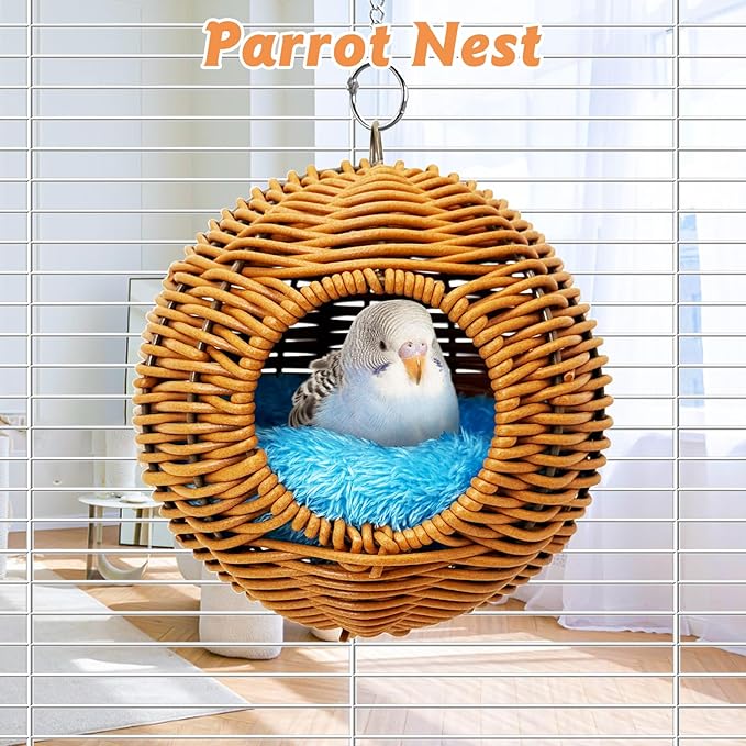 BNOSDM Rattan Bird Nest Parrot Nesting House Parakeet Hanging Swing Soft Lovebird Warm Bed Sleeping for Parrots Bird Cage Accessories for Cockatiels Budgerigars Finches Canaries (Single-Hole Style)
