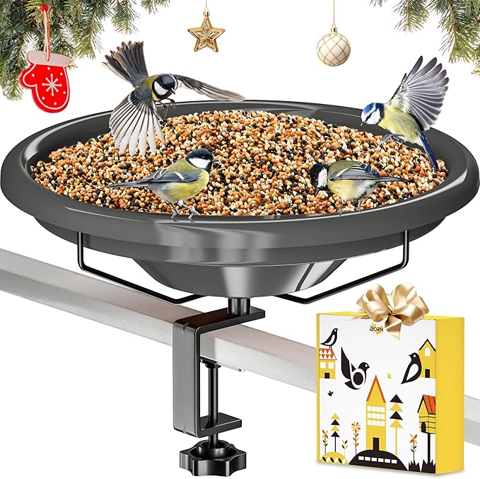 iBorn Bird Bath,Deck Mounted Bird Baths 12inch,Birdbath for Outside with Clamp 3.2inch,BPA-Free Bowl,Chew-Proof,Fully Detachable Design,Easy Clean & Refill,Gray,1 Pack（Not Include Fountain）