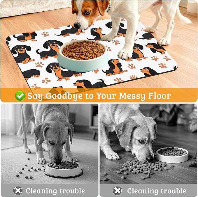 Dog Bowl Mat,Dog Dachshund Pet Feeding Mat for Floors Waterproof, Grey Paws Absorbent Dogs Placemat for Food and Water Quick Dry Pet Cat Feeding Mats with Non Slip Bottom 12" x 20"