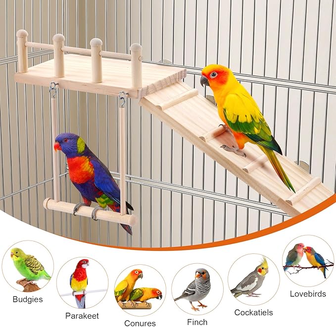 Wooden Bird Habitat Platform with Swing and Ladder - Sturdy Long Tailed Parrot cage Accessory, Suitable for Exercising and Entertaining Bird Games Gym - Perfect for Parrots, Canaries, Sparrows