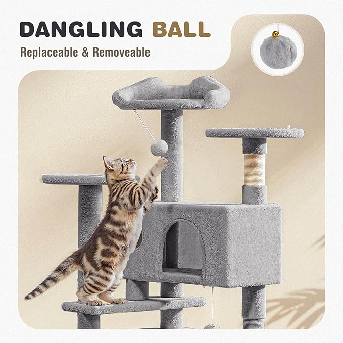 Cat Tree 54 Inch, Multi-Level Cat Tower with Condo, Perches, Sisal Scratching Posts and Climbing Ladder, Pet Play Toy Balls House for Indoor Cats, Light Grey