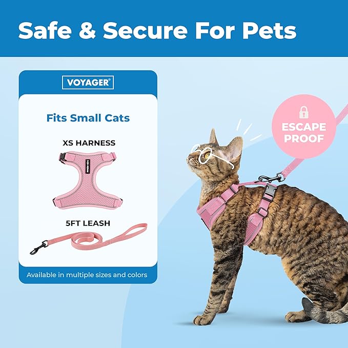 Voyager Escape-Proof Step-in Lock Cat Harness & 5ft Neoprene-Handle Leash Set All-Weather Mesh with Reflective Stitching for Small to Large Cats by Best Pet Supplies, Pink (327), XS