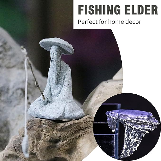 LIYAOLI Japanese Zen Fisherman Statue - Sandstone Mini Figurine for Aquarium Decor, Fish Tank Decorations, Zen Garden & Home Ornament - Asian Sitting Fishing Sculpture