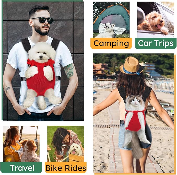 Pet Carrier Backpack, Hands-Free Adjustable Dog Front Carrier Legs Out & Easy-Fit Dog Backpack Carrier for Hiking Camping Traveling Cycling for Small Dogs and Rabbits (Medium, Red)