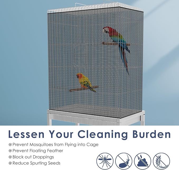 Bissap Bird Cage Seed Catcher, 90-118‘’ Universal Birdcage Net Nylon 31.8'' H Adjustable Elastic Band Stretchy Skirts Mesh Cover for Parrot Cage Seed Guard (Not Include Birdcage)- Black