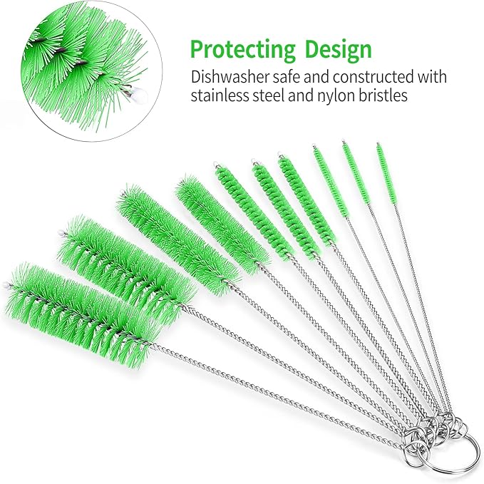 CiaraQ Bottle Cleaning Brushes, 8 Inch Nylon Tube Brush Set, Cleaner for Narrow Neck Bottles Cups with Hook, Set of 10pcs.
