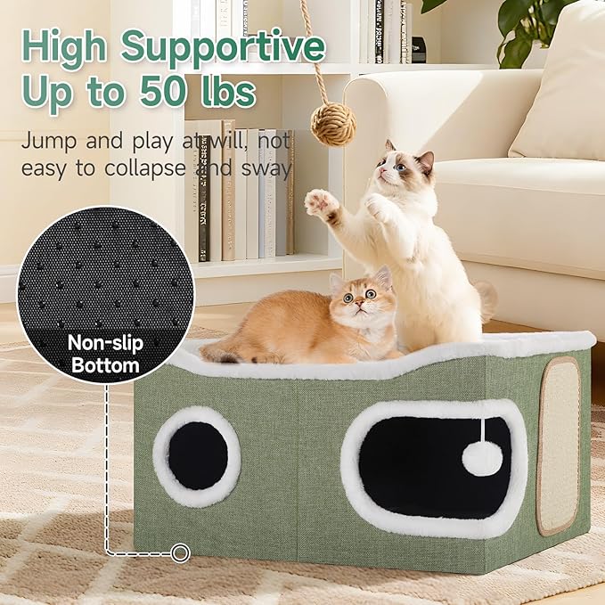 Cat Beds for Indoor Cats, Extra Wide Cat Cube House for Multi Cats, Foldable Cat Cave Hideaway with Arc-Edge Design & Oval Door, Double-Side Soft Cushion for All Seasons, 24"L x 17.7"D x 12.6"H, Green