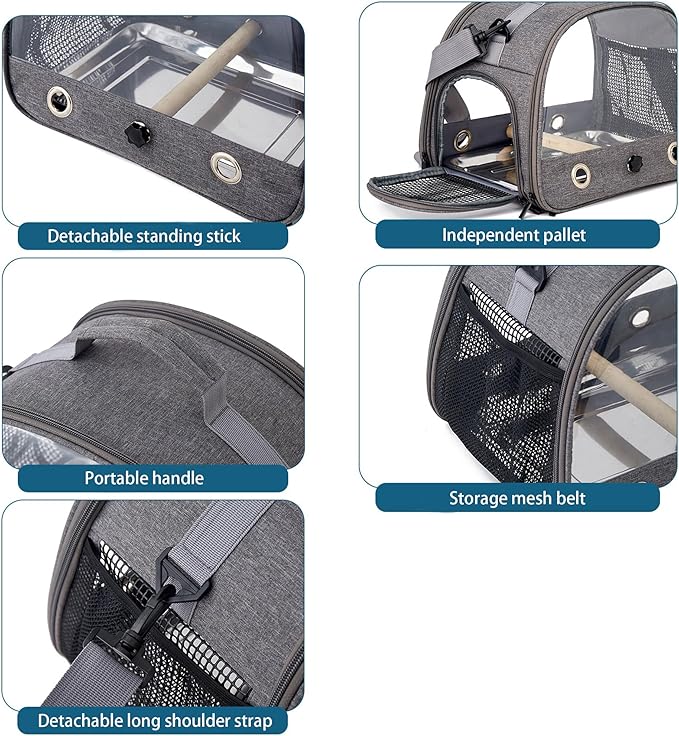 Bird Travel Carrier with Standing Perch, Lightweight Breathable Parrot Cage, Small Pet Carrier Bag with Shoulder Strap, Portable Bird Travel Cage with Stainless Steel