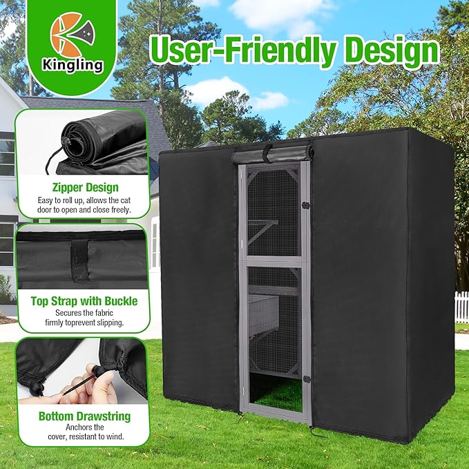 Kingling Outdoor Cat House Cover for Large Cat Catio Cat House, Universal Catio Cover Waterproof & Dustproof Pet Enclosure Cover for Cat Houses & Condos Black(Cover Only) - 63" L x 33" W x 70" H inch