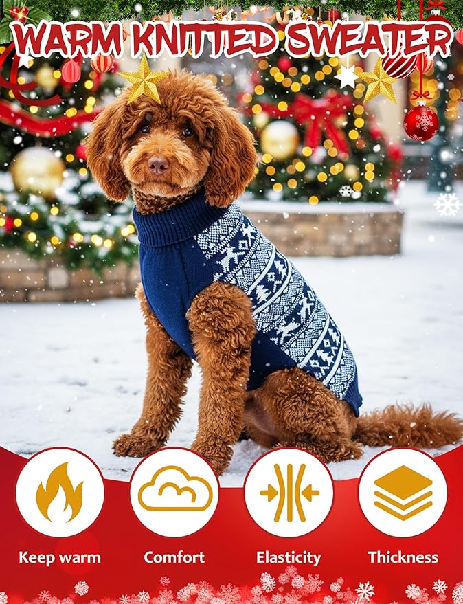Dog Christmas Sweater, Soft Warm Pet Clothes Coat for Small Medium Large Dogs and Cats Boy Girl, Fall Cozy Holiday Turtleneck Knitting Collar Pullover Pup Outfit Costume for Thanksgiving New Year