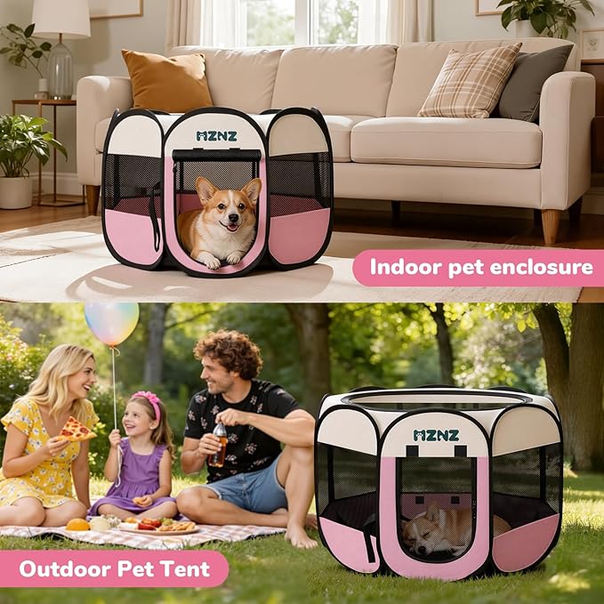 Dog Playpen, Portable Puppy Pet Crate Indoors for Small/Medium Dogs Cats Rabbits, Foldable Dog Cage Enclosure for Outdoor, Pop Up Dogs Tent Kennel with Carrying Case, Pink
