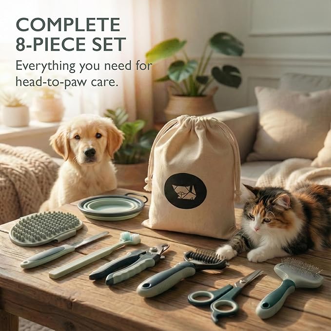 HamInWay 8-in-1 Pet Grooming Kit for Dogs & Cats – Includes Brushes, Combs, Nail Clippers & File – Professional Grooming Tools Set in Logo Bag – Safe, Gentle & Durable – Ideal for All Pet Sizes