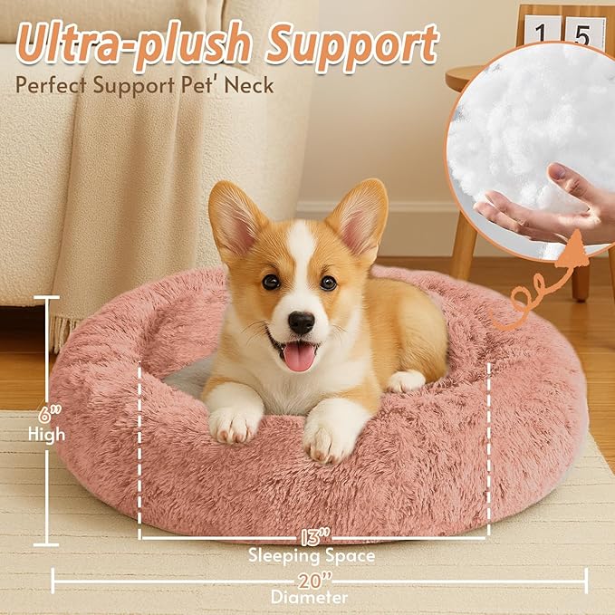 JOLLYVOGUE Calming Small Dog & Cat Bed for Indoor Cats - 20 inches Washable Donut Bed for Kittens & Puppies, Anti-Anxiety Round Fluffy Plush Pet Beds (Fits up to 15 lbs, Peach Pink)