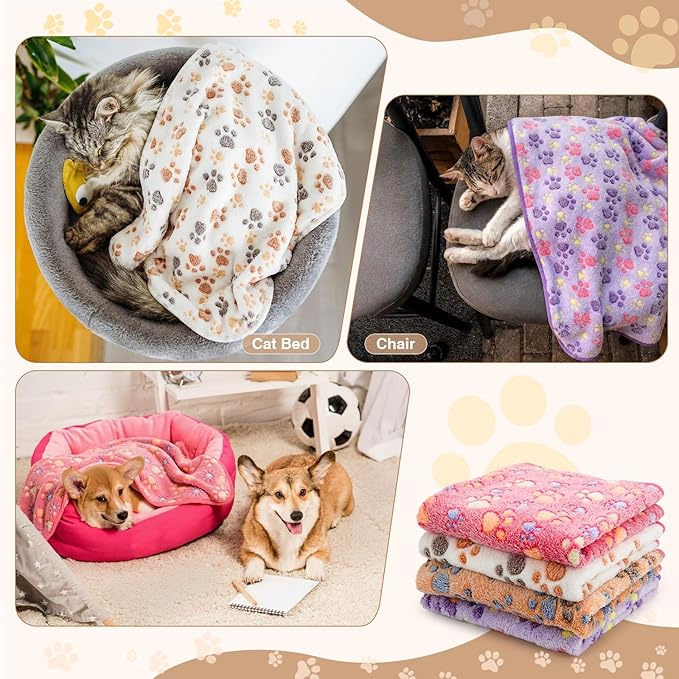Tatuo 4 Pcs Dog Blanket for Pet Cat Blankets Indoor Puppy Teething Stuff Toys Paw Print Fleece Soft Blanket Sleep Mat for Guinea Pig Cage(White, Coffee, Pink, Purple,29 x 29 Inches,Round)