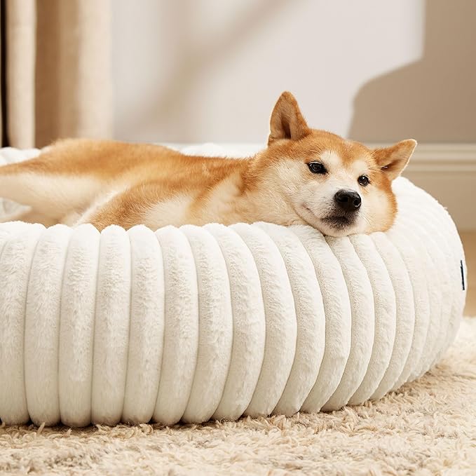 Bedsure ComfyFleece™ Donut Large Dog Bed - Washable Faux Fur with Corduroy Fleece & Anti Slip Bottom, Round Pet Bed with Removable Cover, Cream, 36x36x8 inches