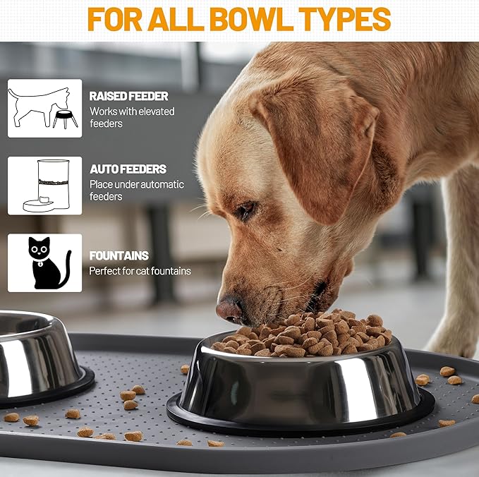 Hubulk 100% Waterproof Silicone Pet Feeding Mat with Raised Edge for Food and Water, Dog Bowl Mats, Cat Bowls Placemat with High Lip Protects Floor for Cats and Dogs (Gray, 32" L x 24" W)