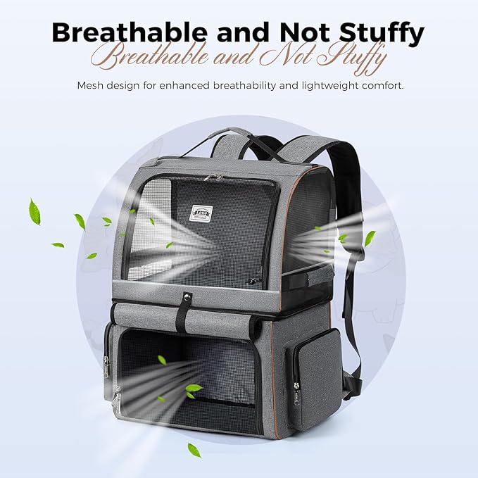 Lekebobor Double Cat Backpack Carrier for 2 Cats, Double-Compartment Pet Carrier Backpack for Two Small Cat or One Medium Cat, Cats Carrier Backpack Dog Carrier Backpack Fits Up to 24 Lbs,Grey