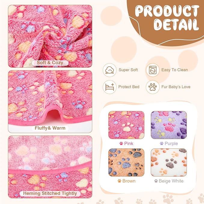 Tatuo 4 Pcs Dog Blanket for Pet Cat Blankets Indoor Puppy Teething Stuff Toys Paw Print Fleece Soft Blanket Sleep Mat for Guinea Pig Cage(White, Coffee, Pink, Purple,29 x 29 Inches,Round)