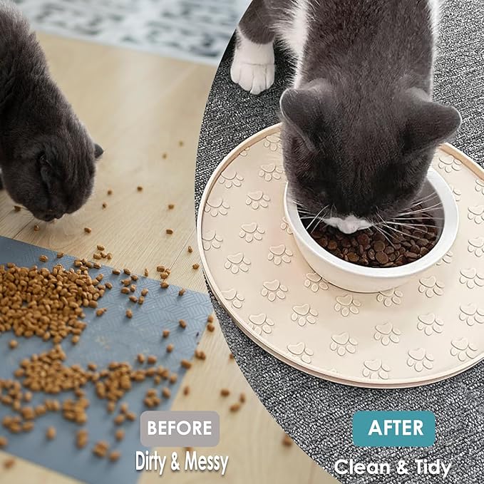Pet Feeding Mat, Waterproof, Raised Edges to Prevent Spills, Easy Clean in Dishwasher, Dogs and Cats Placemat Tray to Stop Food and Water Bowl Messes on Floor(1Pack Beige)