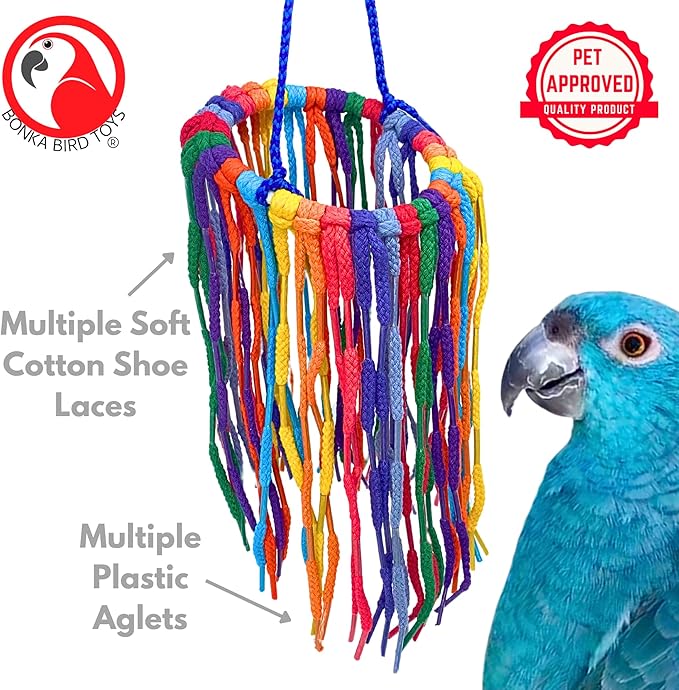 Bonka Bird Toys 51213 Large Aglet Heaven 9" Hanging Cotton Shoelace Ring Toy for Medium to Large Birds Like Eclectus Amazons African Greys