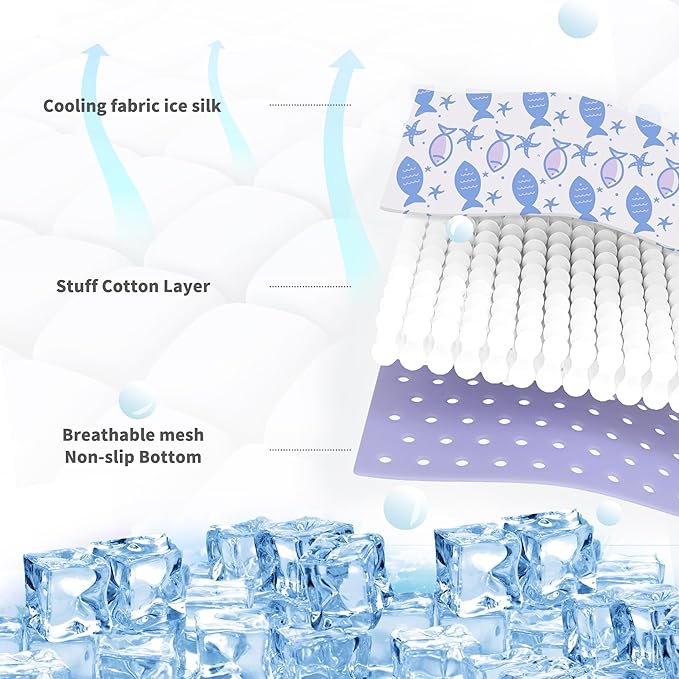NWK Pet Cooling Mat - Ice Silk Cooling Mat for Dogs & Cats Portable & Washable Pet Cooling Blanket, Car Seats, Beds for Summer (1, Purple Fish, 20'' X 27'' X 0.3'')