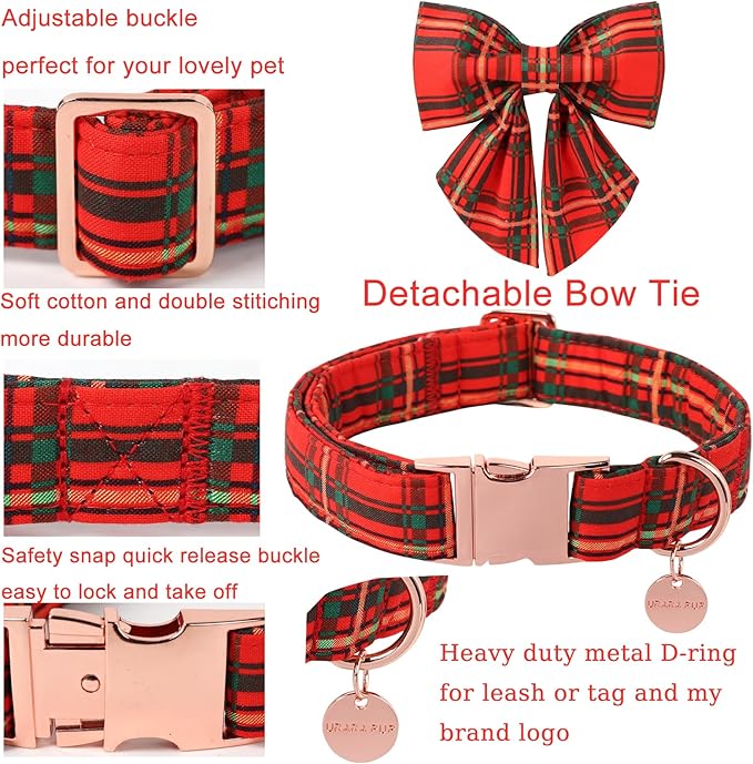 Christmas Dog Collar with Bow Tie, Cotton Christmas Plaid Collar for Medium Girl Boy Dog,Red &Green Plaid Dog Collar Bowtie with Durable Metal Buckle,Adorable Pet Collar,XL,Neck 16-26in