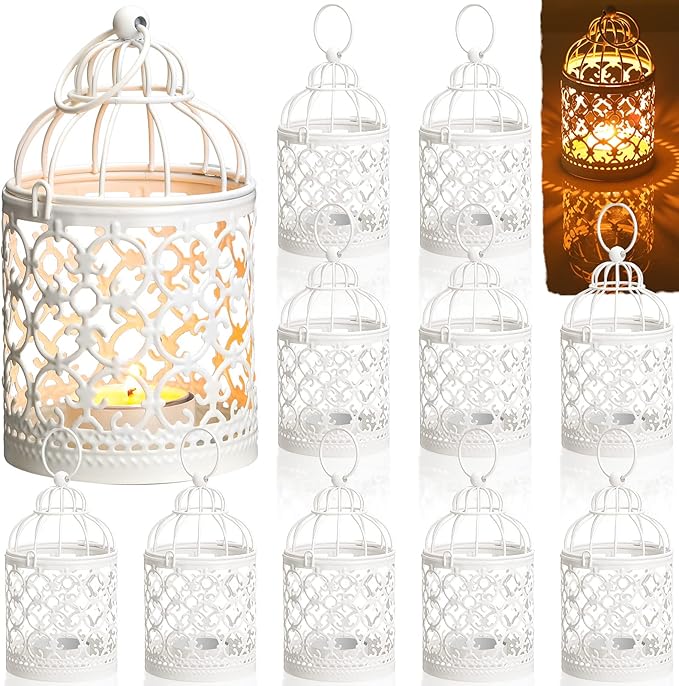 12 Pack Small Metal Tealight Hanging Birdcage Lantern Vintage Decorative Centerpieces Table Top Candle Holder Candle Lantern for Wedding Gifts Home Dinner Party Christmas (White)