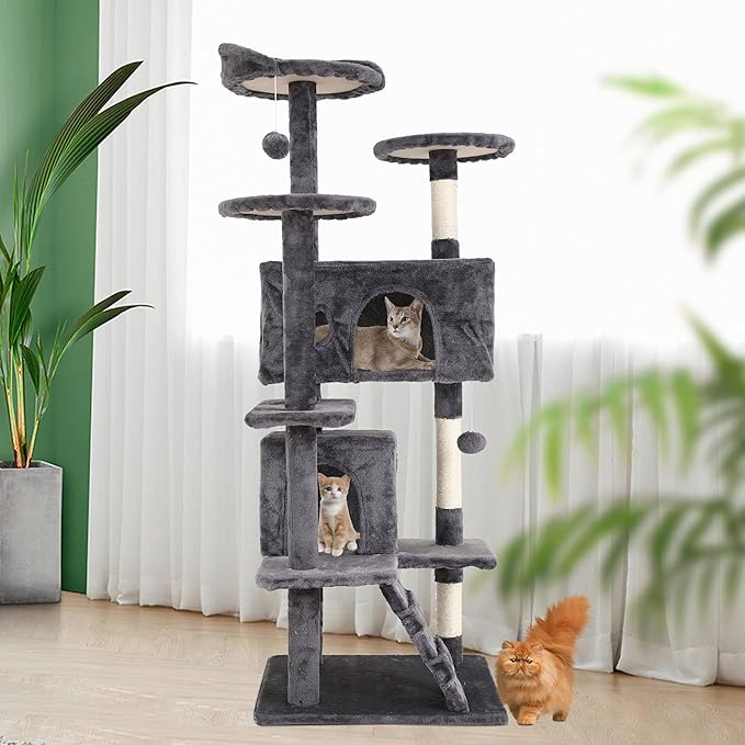 Cat Tree for Indoor Cats, Multi-Level Cat Tower with Scratching Posts & Cozy Condo, Space Saving Cat Activity Center, Durable Pet Play House (54in,Light Gray)