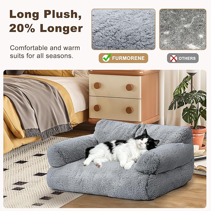Large Cat Beds for Indoor Cats, Dog Couch Bed, Cute Cat Couch Sofas for Less 20lbs Kitten Puppy, Small Dog Sofas & Chairs with Removable Washable Cover, Soft Warm Pet Furniture, Pale Gray